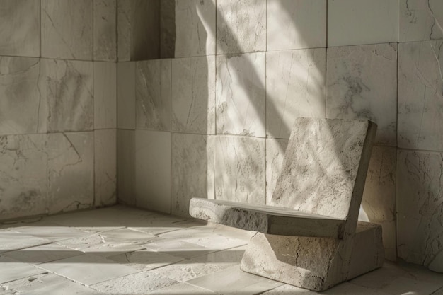 Minimalist Sunlit Marble Room with Stone Chair and Geometric Shadows