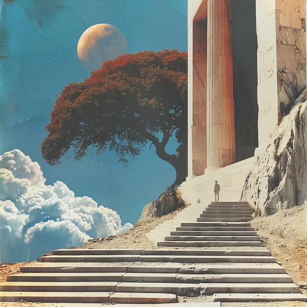 A minimalist surreal collage featuring a lone figure ascending steps towards a grand tree