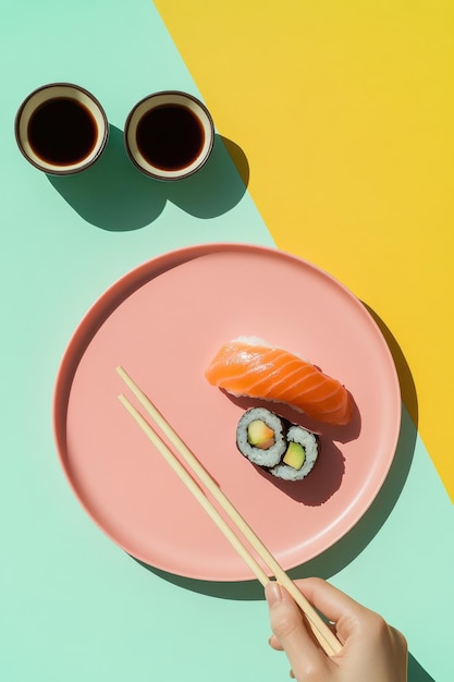 Photo minimalist sushi presentation on a pink plate with chopsticks and soy sauce on a colorful pastel background