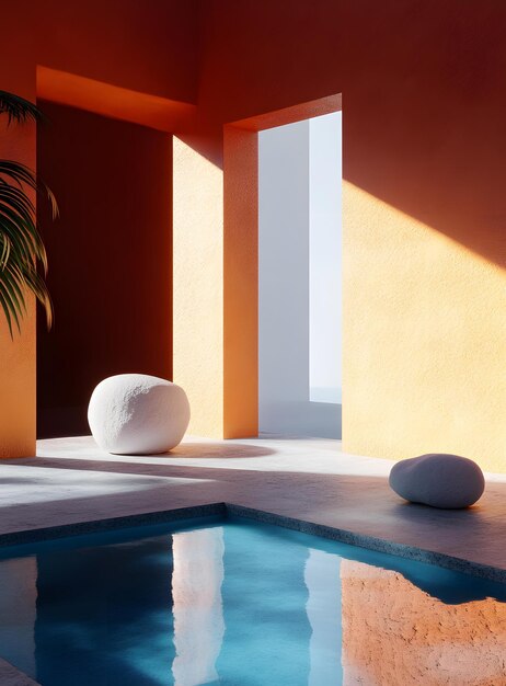 Photo minimalist swimming pool with orange walls and white rocks