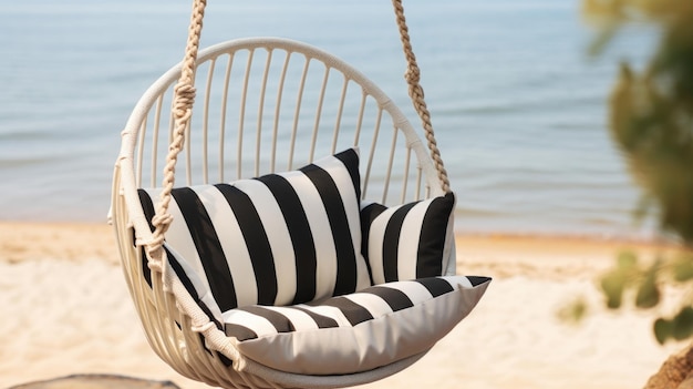 A minimalist swing decorated with sleek black and white stripes showcasing a modern and chic beach