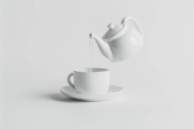 A minimalist teapot pouring tea into a simple white cup