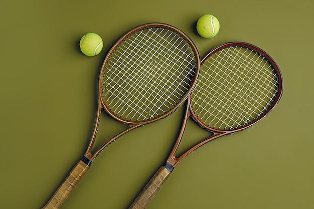 Minimalist tennis rackets and balls on green backdrop top view