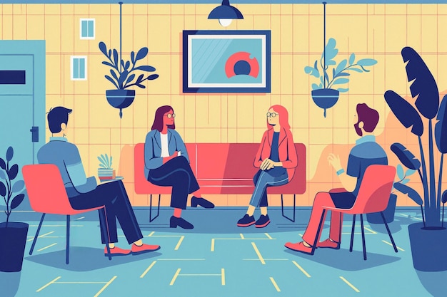 Minimalist therapy session illustration Four adults sit in modernist style room discuss mental