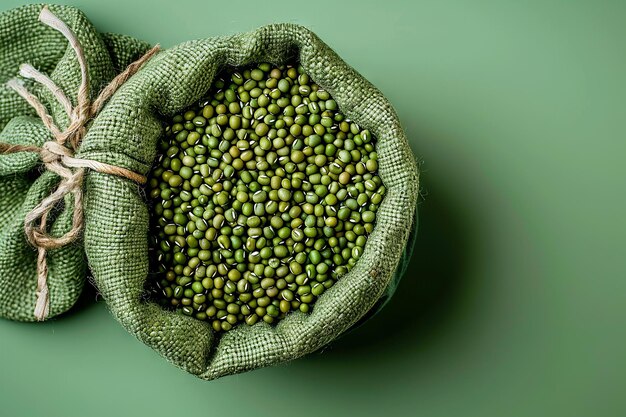 Minimalist TopView Green Mung Beans in Green Fabric Sack