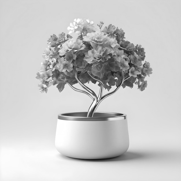 Minimalist tranquility gray toned 3d flower tree in shiny pot on white