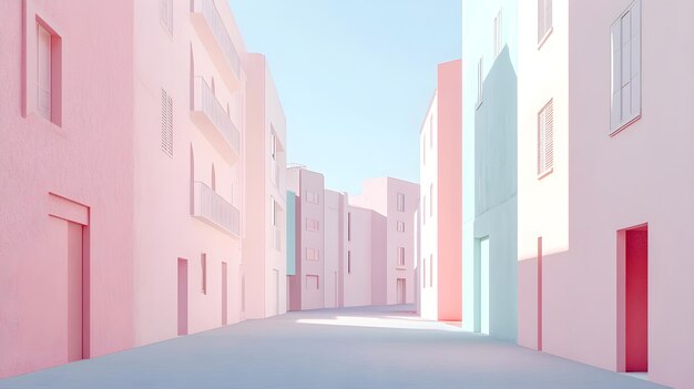 Photo a minimalist urban scene with a quiet street and soft pastel buildings designed for letterboxing with a light solid color background and open spaces for graphics