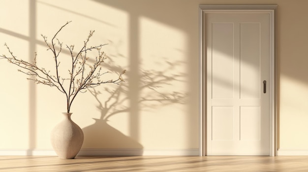 Photo a minimalist vase with branches casts shadows against a lightfilled wall near a closed door in a serene interior setting