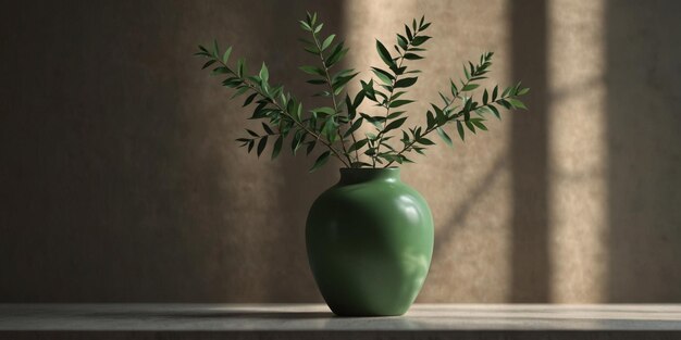 Photo minimalist vase with green branches and shadows