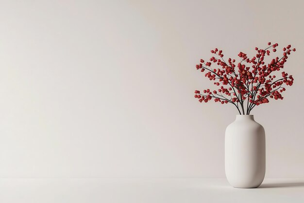 Photo a minimalist vase with red branches against a simple wall perfect for modern decor or still life photography