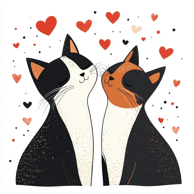 Photo minimalist vector art of a romantic cat couple surrounded by hearts