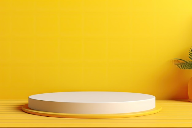 A minimalist vibrant yellow summer background showcases a white podium shelf or an unoccupied pedest