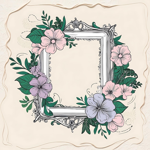 Photo minimalist vintage floral doodle frame featuring detailed botanical illustrations subtle border