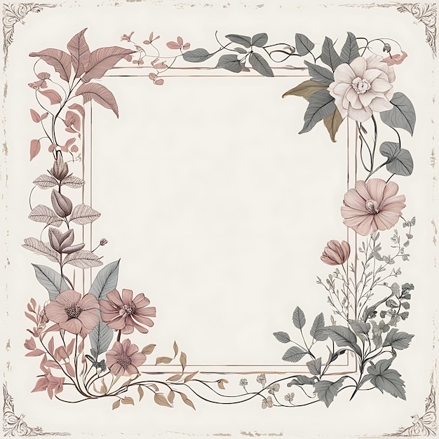 Minimalist vintage floral doodle frame featuring detailed botanical illustrations subtle border