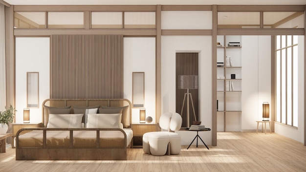 Minimalist wabi sabi interior mock up design room muji sytle 3D rendering