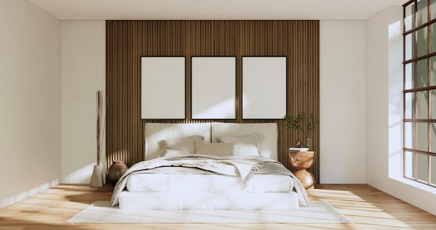 Minimalist wabisabi bedroom plant and decoartion in japanese bedroom 3D rendering