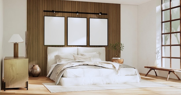 Minimalist wabisabi bedroom plant and decoartion in japanese bedroom 3D rendering