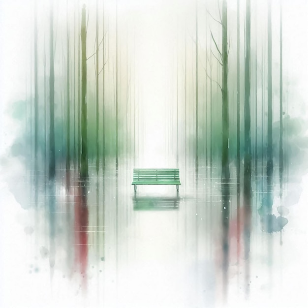 Photo minimalist watercolor illustration of a garden bench reflected in a lake in a mystical environment