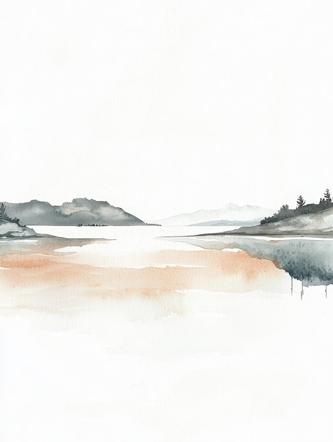 Minimalist Watercolor Painting of an Island at Sunset