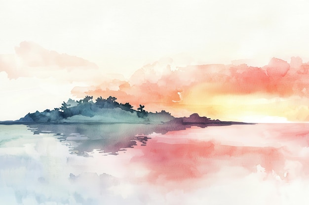 Minimalist Watercolor Painting of an Island at Sunset