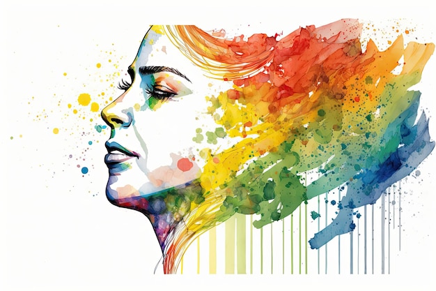 A minimalist watercolor painting of the joyful face of a Caucasian woman who identifies as lesbian with a rainbow flag depicted in an abstract style Generative AI