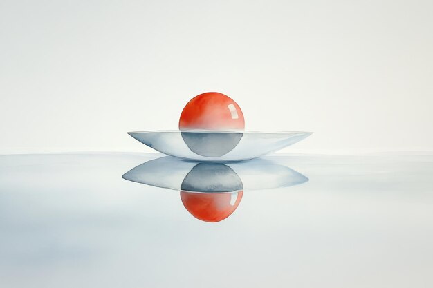 Photo a minimalist watercolor painting of a red sphere resting on a plate its reflection mirroring t