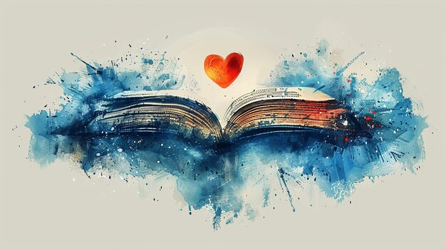 Photo minimalist watercolor poster for world book day featuring open book and heart design for print card poster