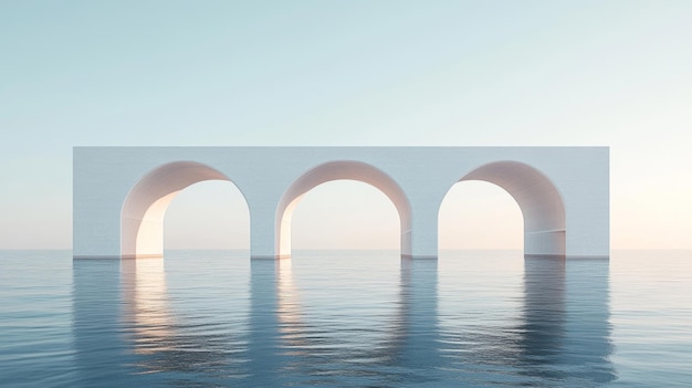 Minimalist white archway structure standing in calm waters under a clear sky