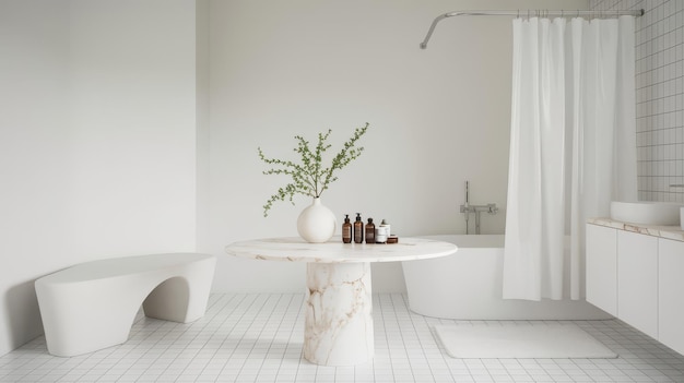 Photo minimalist white bathroom interior with marble table for product display