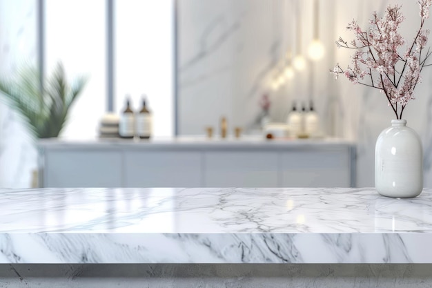 Minimalist White Bathroom Interior with Marble Table for Product Display