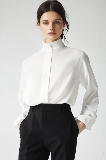 Photo a minimalist white blouse with a mandarin collar