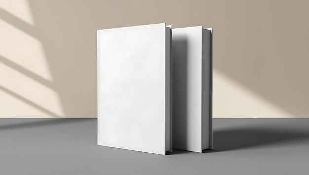 Photo minimalist white books on blue surface with beige wall and shadows perfect for modern design mockups and presentations