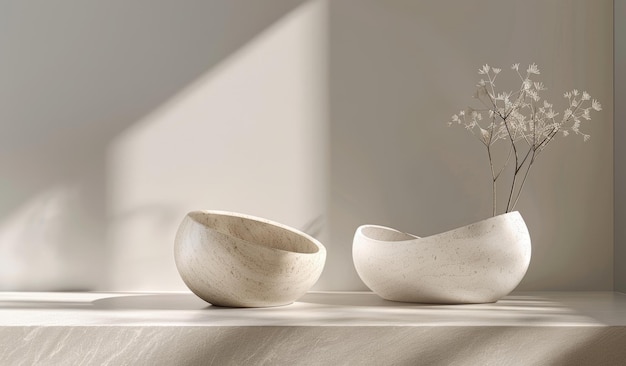 Minimalist white ceramic bowls with dried botanical stems casting soft shadows