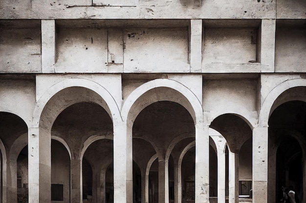 Minimalist white columns and arches with medieval door in black and white