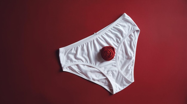 Photo minimalist white cotton panties with red rose decoration on bold background