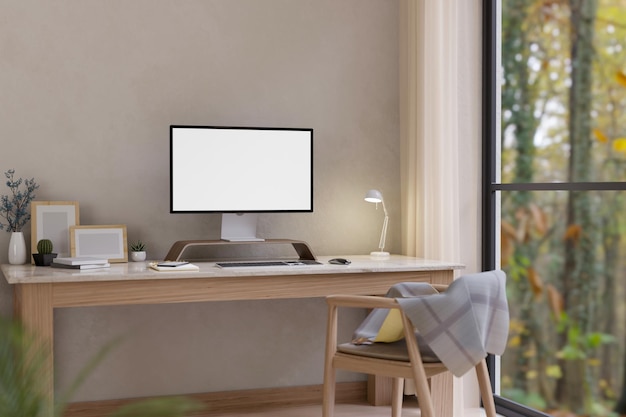 Minimalist white and cozy home workspace interior design with computer mockup