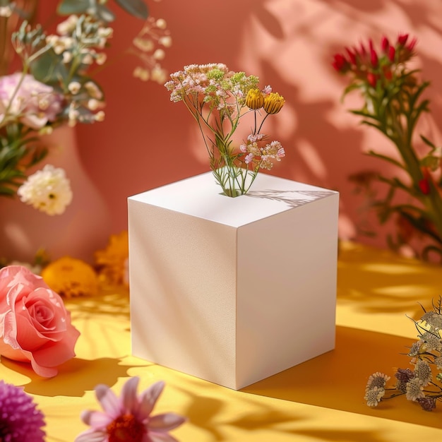 Minimalist white cube vase with delicate flowers on colorful background Modern decor