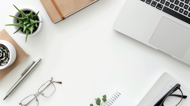 Minimalist white desk with laptop notebook glasses and plants