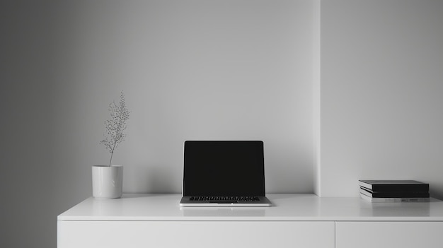 Photo minimalist white desk with laptop and plant