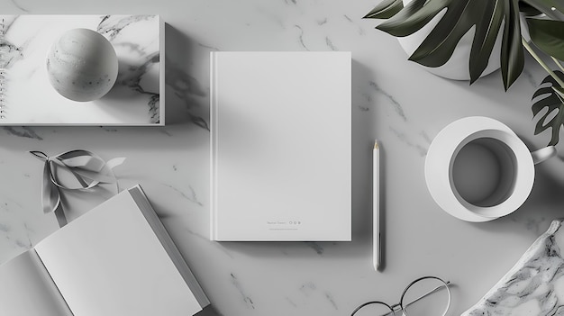 Photo minimalist white desk with notebook and coffee cups