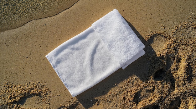 Photo minimalist white flat beach towel laying flat on sand of beach