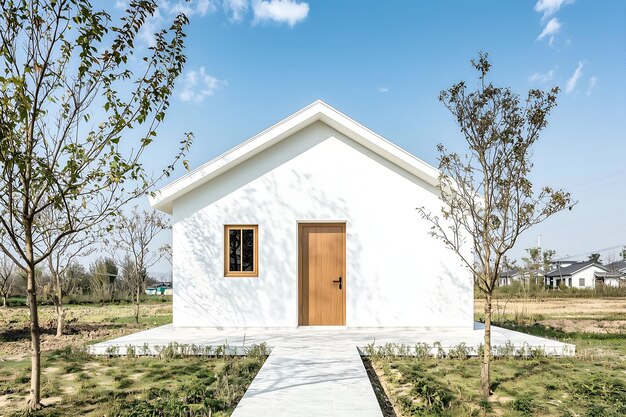 Photo minimalist white house in a rural landscape under clear blue sky