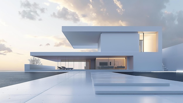 A minimalist white house with a flat roof exuding elegance and sophistication in its simple yet striking design