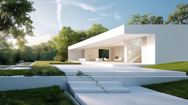 A minimalist white house with a perfectly manicured lawn embodying simplicity and elegance in its design