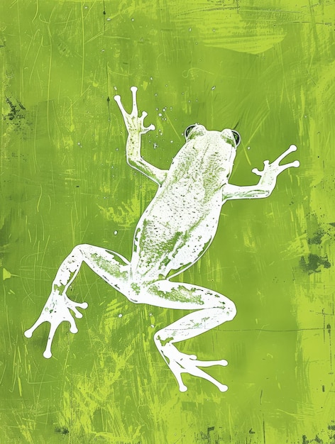 Photo minimalist white line drawing of a frog on a lime green rough paper background the frog is depicted