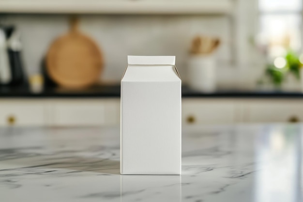 Minimalist white milk carton on a kitchen countertop with a blurred background during daylight