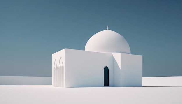 A minimalist white mosque with a dome on the top Ramadan and Eid Mubarak Concept