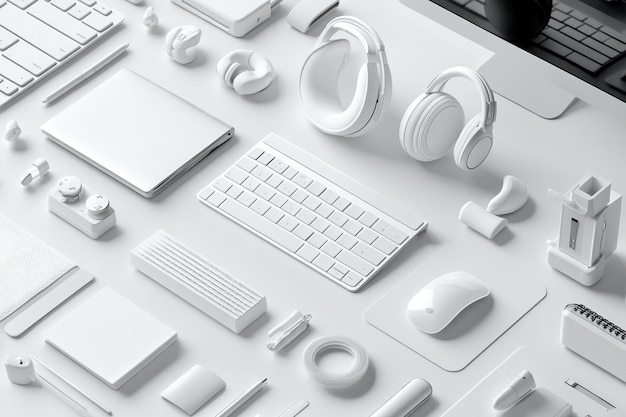 Minimalist white office supplies gadgets modern workspace