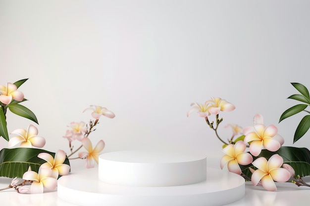 Minimalist white podium featuring frangipani blossoms