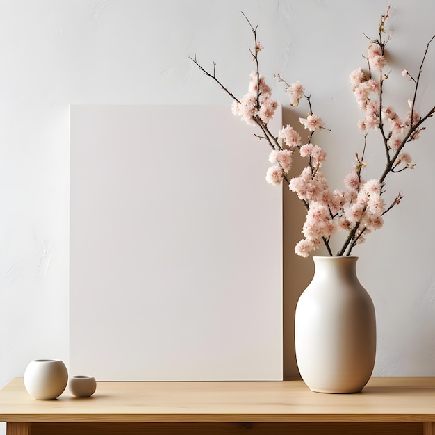 Minimalist White Portrait Poster Mockup with Floral Decor on Rustic Wooden Table